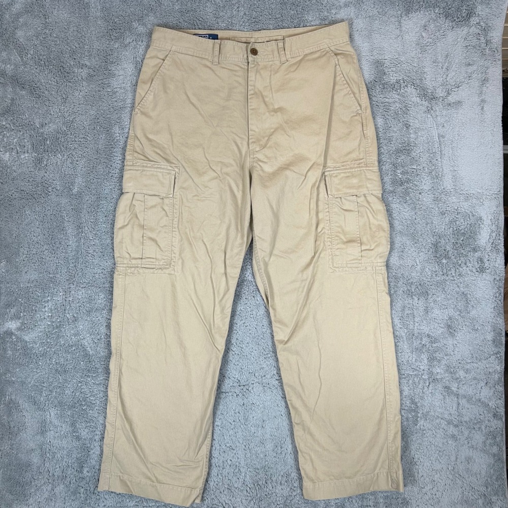 Polo Ralph Lauren Mens Khaki Herringbone Cotton Cargo Pants 35x29.5 Tan RN41381